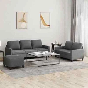 3pcs Sofa Set with Cushions Ottoman Stool 5-Seater Lounge Couch Fabric Grey - Picture 1 of 8