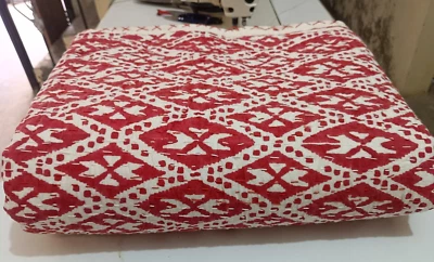Indian Red White Print Throw Kantha Quilt Blanket Cotton King Size Bedspread - Image 1 of 4