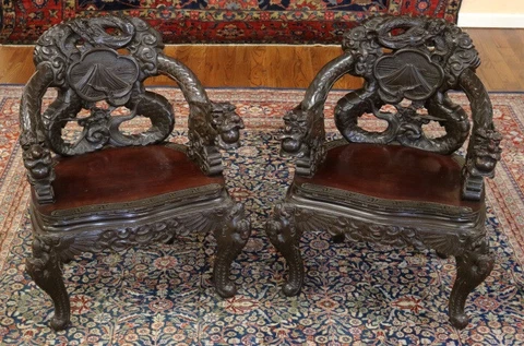 Stunning Pair of Teak Japanese Meiji Carved Dragon Chairs Cover