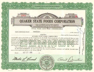 Quaker State Foods Corporation 1960s share stock certificate - Picture 1 of 1
