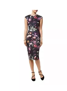 TED BAKER Raisie Shadow Floral dark print midi pencil dress 3 Uk 10 12 - Picture 1 of 6