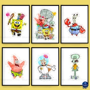 Spongebob Kinder Figuren Aquarell Splash Stil Kunstdrucke - A5-A4-A3 - Bild 1 von 7