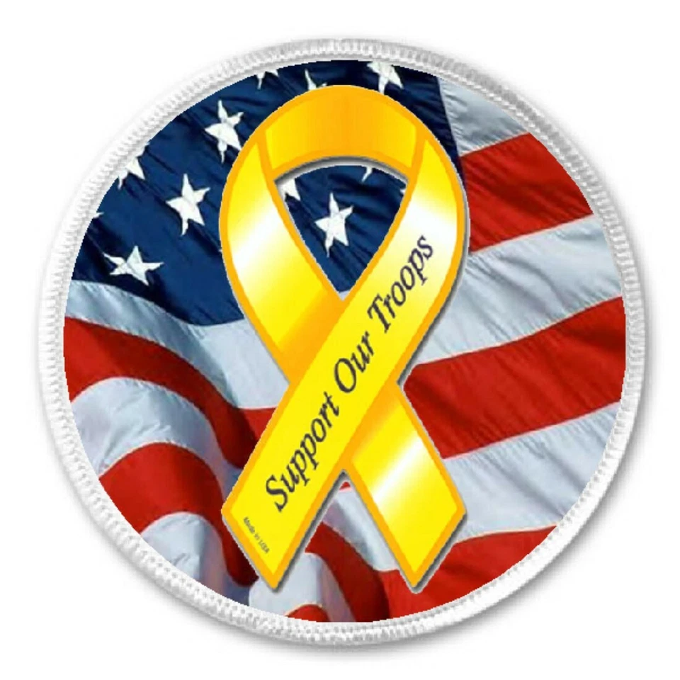 Support Our Troops Yellow Ribbon - 3" Sew / Iron On Patch Patriotic USA America - Image 1 of 1