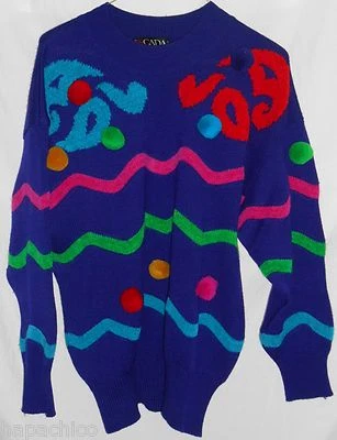 Suéter Pullover ESCADA Vintage Púrpura 10 40 Pom Pom Púrpura Rojo Verde Rosa Azul  Foto 1 de 4