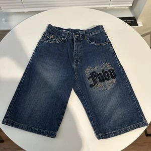 FUBU Denim Jean Shorts Blue Gold The Collection Embroidered Eagle Design Sz 16 - Picture 1 of 6