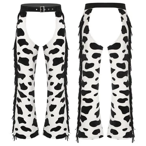 Men's Cow Print Flannel Pants Fringe Motorcycle Cowboy Chaps Cosplay Costume - Picture 1 of 31