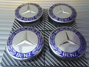 Mercedes Blue Alloy Wheel Centre Hub Caps AMG A B C E S M Class ML CLA GLA SLK - Picture 1 of 4