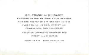 Dr. Frank Kinslow San Francisco, CA Notice of Return from Military Service Card - Bild 1 von 2