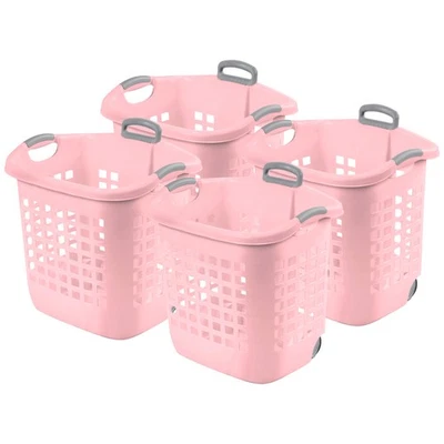 Sterilite Ultra Wheeled Laundry Basket, 1.7 Bushel with Handles, Pink, 4 Pack - Image 1 of 4