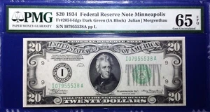 1934 $20 Federal Reserve Note Fr-2054-I Minneapolis PMG65 Gem EPQ - Picture 1 of 2