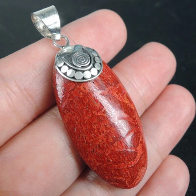 Ciondolo corallo rosso naturale in argento sterling 925 gioielli artigianali,... - Immagine 1 di 4