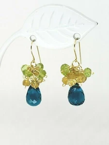 14k Yellow Gold Sim Apatite Briolette Peridot Citrine Cluster Dangle Earrings - Picture 1 of 4
