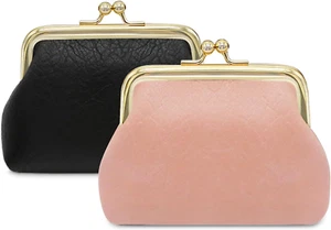 2Pcs Coin Purse Small Size Pu Leather Elegant Change Pouch with Metal Kiss Lock - Picture 1 of 12