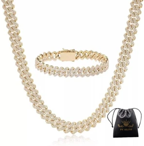 12mm Men Gold Plated Stainless Steel Iced CZ Out Cuban Link Chain & Bracelet Set - Picture 1 of 15