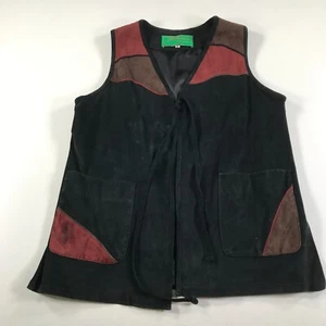 Grownbeans Suede Vest Womens Medium Black Brown Red Tie Front Art to Wear - Picture 1 of 10