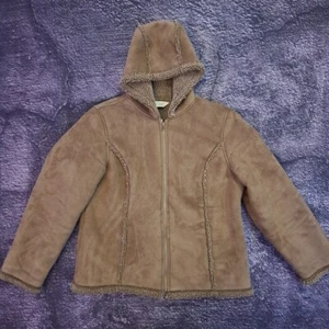 LL Bean Faux Shearling Microsuede Hooded Zip Up Jacket Brown L - Picture 1 of 5