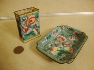 Chinese Enamel on Brass Matchbox Holder w Tray Butterfly Flower Turquoise Set! - Picture 1 of 5