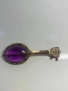 Banjo Brooch Pin Vintage 3 Inch with Strings Faux Amethyst Cabochon - Picture 1 of 5