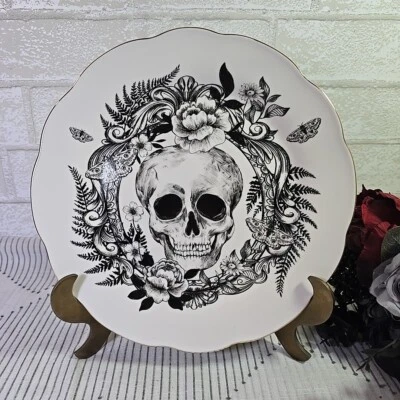 Woodland Halloween Gothic Skull Moth Nature Roses Dinner Plates Gold Rim New - Image 1 of 4