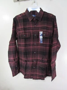 New Men George Flannel Shirt Size S 34 36 Black Brown Plaid Buttons Long Sleeve - Picture 1 of 4