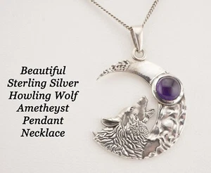 Beautiful Italian Sterling Silver Wolf Howling at the Moon Pendant and Chain - Picture 1 of 3
