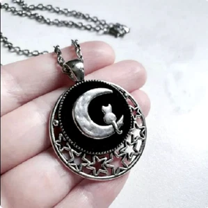 Large CAT CRESCENT BLACK MOON CELESTIAL Pendant 22" 925 Sterling Silver Necklace - Picture 1 of 8