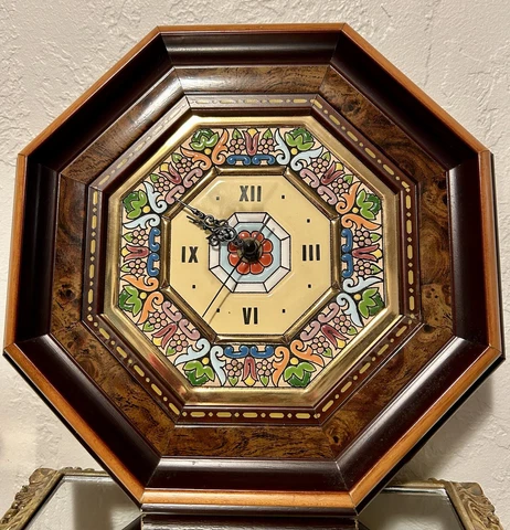 VINTAGE HAND PAINTED CERAMIC & WOODEN CLOCK ~ HANDMADE IN SPAIN ~ SIGNED Cover