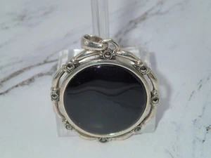 Vintage Sterling (925) Silver Black Onyx Marcasite Round Pendant Victorian Style - Picture 1 of 15