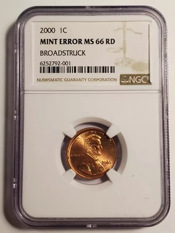 2000 P Small Cent Lincoln NGC MS-66 RD - Mint Error Broadstruck Cover