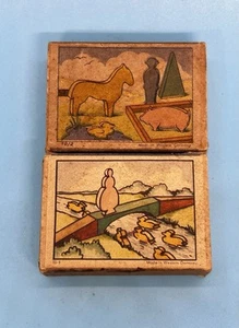 2 Vintage Holz Jury Miniatur Streichholzschachtel Spielzeug West Germany Bauernhof Hase Enten Brücke - Bild 1 von 11