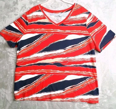 Camiseta Coral Bay Talla 2X Top Rojo Blanco Azul Tostado Cuello en V Mujer EE. UU. Americana ⭐ Usada en Excelente Condición Foto 1 de 4