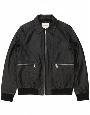 JACK & JONES Mens Bomber Leather Jacket UK 38 Medium Black Leather BR04 - Image 1 of 4