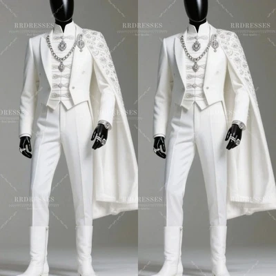 Traje blanco de lujo para hombre con capa estrás graduación fiesta chaqueta noche 2 piezas Foto 1 de 4