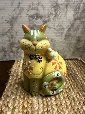 Садовая нашивка анимированная фигурка кошки 7,6 дюйма высокая зеленая желтая причудливый домашний декор - Изображение 1 из 4