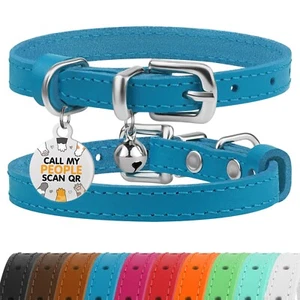 BRONZEDOG Leather Cat Collar with Removable Bells Non Breakaway Kitten QR Tag - Picture 1 of 1