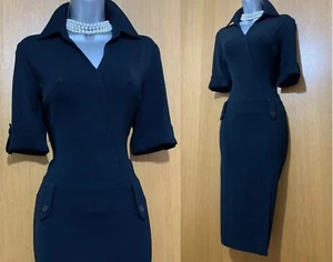 KAREN MILLEN UK 10 Black Thick Jersey Collar 3/4 Sleeves Trench Shirt Midi Dress - Picture 1 of 12
