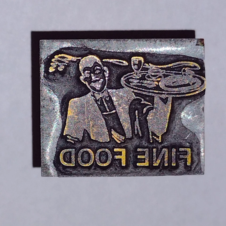 Fine Food Man Holding A. Steaming Tray Letterpress Printers Block Antique  - Image 1 of 4