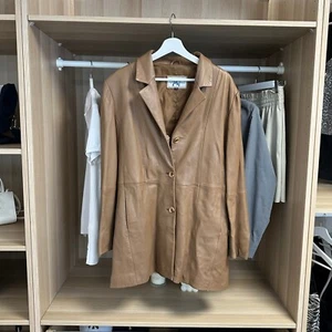 Vintage Michael Fragari Real Leather Coat Trench Y2k Jacket Size 44 /UK14 Brown - Picture 1 of 12