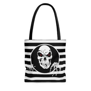 Black & White Striped Skull Head Tote Bag-Beach Bag-Birthday Gift-Travel Bag - Picture 1 of 7