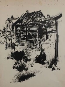 Antique ink drawing lovely old barn landscape - Picture 1 of 10