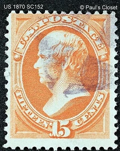 US 1870 SC 152 15¢ DANIEL WEBSTER BRIGHT ORANGE USED NO GUM P12 CORK CX F/VF - Picture 1 of 2