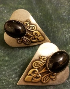 Vintage Silvertone and Brass Deco Metalwork Black Oval Cabochon Post Earrings - Picture 1 of 6