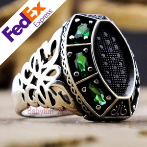 925 Sterling Silver Faceted Simulated Emerald Turkish Handmade Men's Ring - Picture 1 of 5