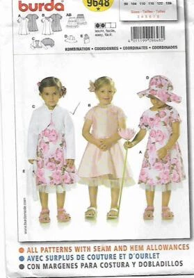 C323 BURDA 9648: GIRL'S DRESS, JACKET, HAT & BAGS SIZE 3-8 SEWING PATTERN - Image 1 of 2