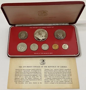 Liberia 1979 8 Coin Key Proof Set O. A. U. July Mintage 1,857 w/ Silver Elephant - Picture 1 of 3