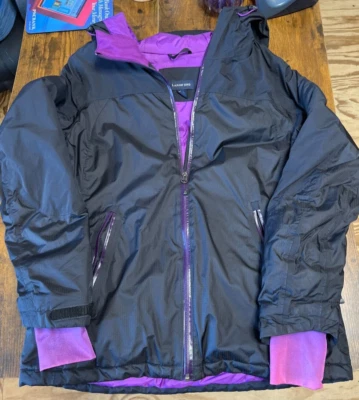 Lands End Primaloft Women's Medium Puffer Hooded Jacket, Black/Purple, VG Cond. - Image 1 of 4