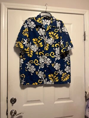 Men's ODO Blue Yellow Floral Hawaiian Button Up Shirt 100% Polyester LG Vintage - Image 1 of 2