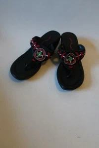 NWD WOMENS TWO CITY KIDS BLACK RED BEADED LEATHER THONG WEDGE SANDAL 37 US/7 * - Picture 1 of 6