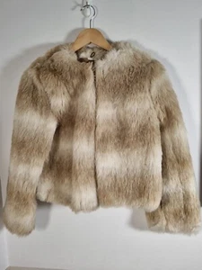 Vintage - Womens Faux Fur Jacket Blazer 15 Brown Beige Cropped Open Front Casual - Picture 1 of 19