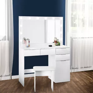 Large Dressing Table Stool Set With LED Light Mirror Vanity Makeup Desk Cbidgwjr - Picture 1 of 15